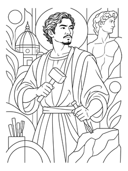 A detailed michelangelo coloring page featuring the master sculptor with his tools and famous works in Florence.