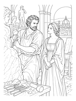 A renaissance artist carving a marble statue in this michelangelo coloring page with Florence outside.