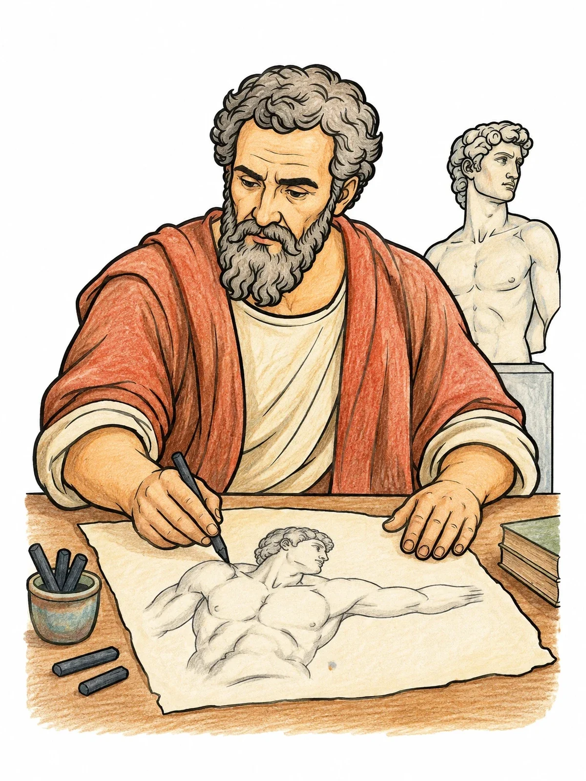 Colored example of the Michelangelo Sketching In His Studio coloring page