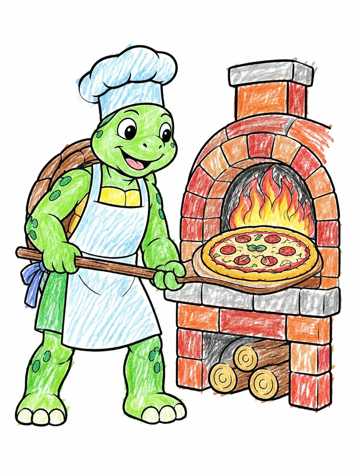 Colored example of the Turtle Chef Baking Fresh Pizza coloring page