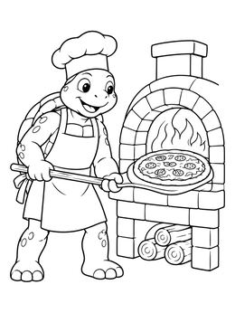 Free printable Turtle Chef Baking Fresh Pizza coloring page