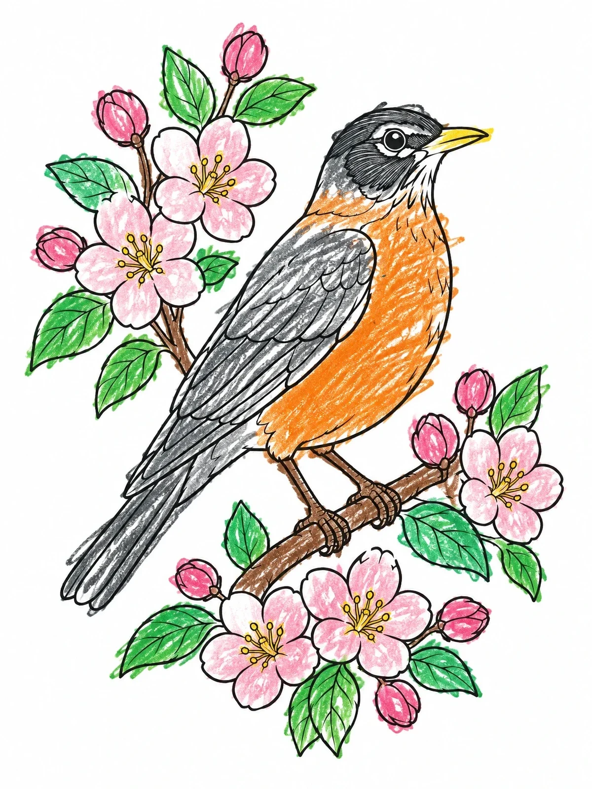 Colored example of the American Robin And Apple Blossoms coloring page