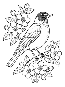 An American robin sits on a blossoming branch in this michigan coloring page.