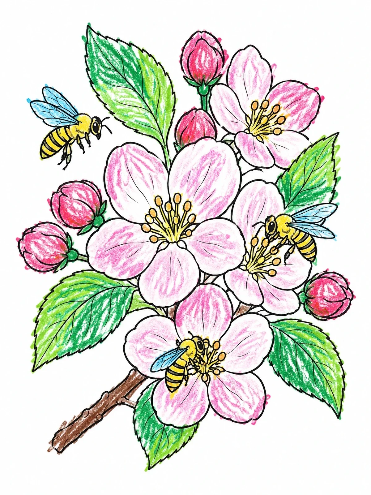 Colored example of the Michigan Apple Blossoms And Honeybees coloring page