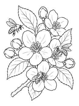 Michigan coloring page featuring apple blossoms and busy honeybees on a branch.