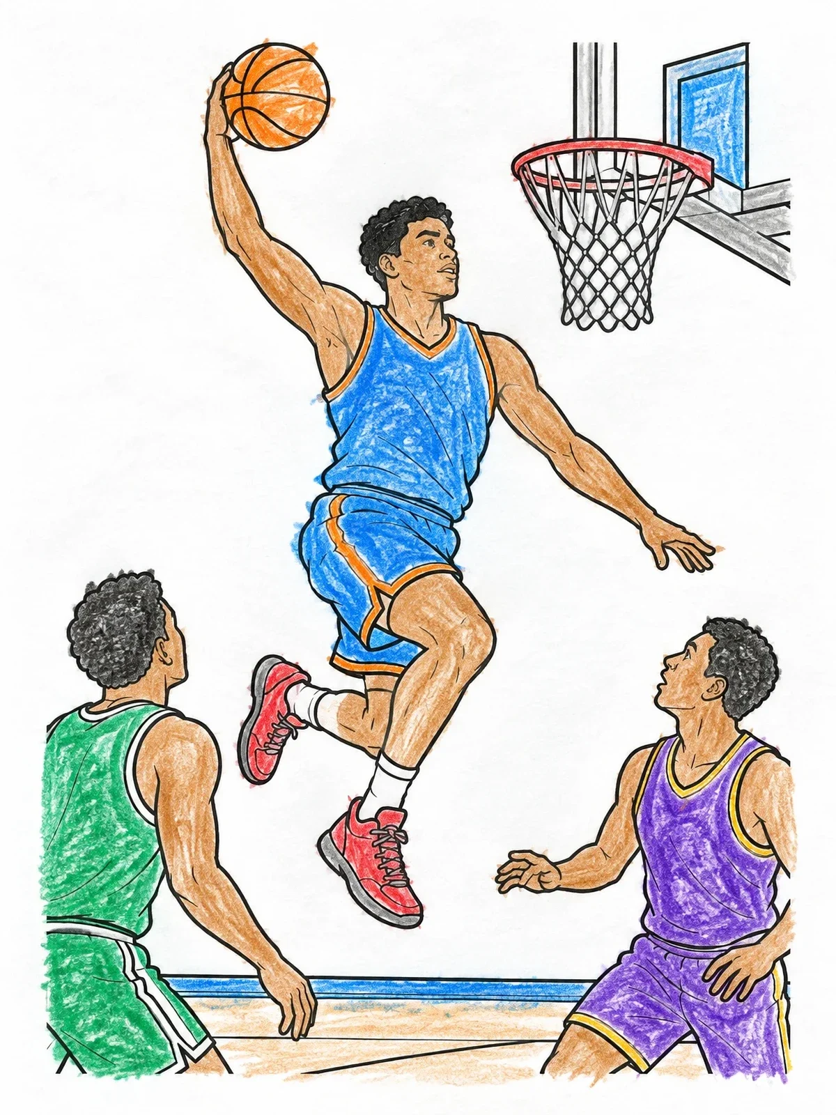 Colored example of the Basketball Player Soaring For Slam Dunk coloring page
