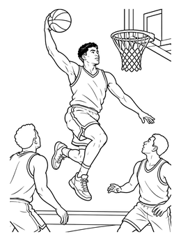 A dynamic michigan coloring page showing a basketball player jumping high toward the hoop for a dunk.