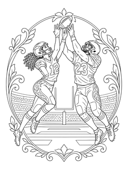 A dynamic michigan coloring page showing two football players leaping for a pass in the stadium.