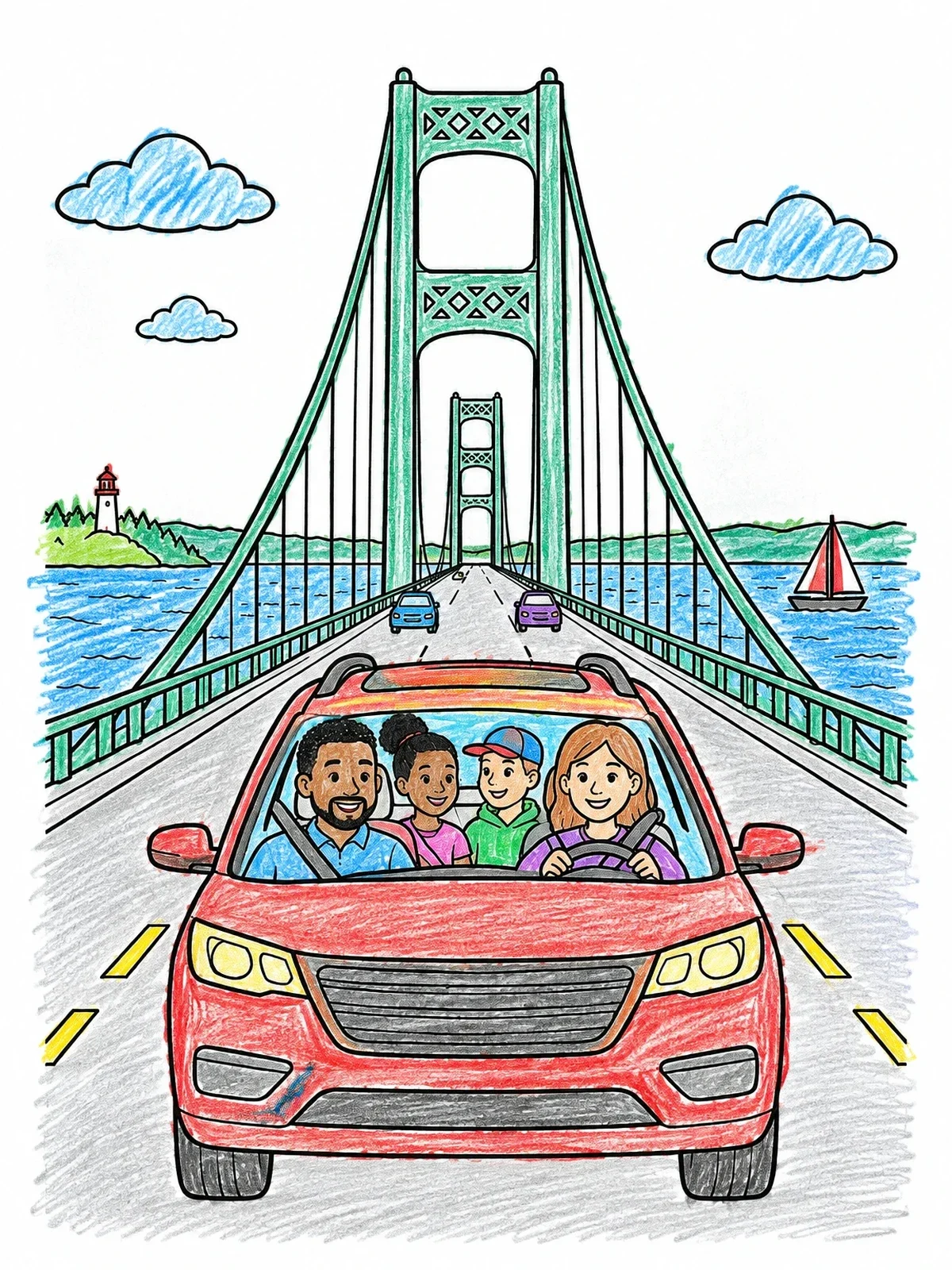 Colored example of the Family Drive Across Mackinac Bridge coloring page