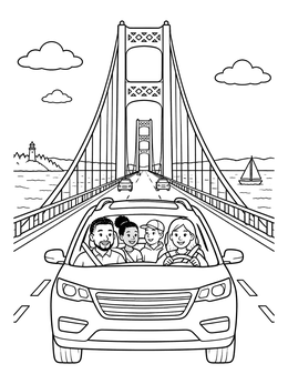 Free printable Family Drive Across Mackinac Bridge coloring page