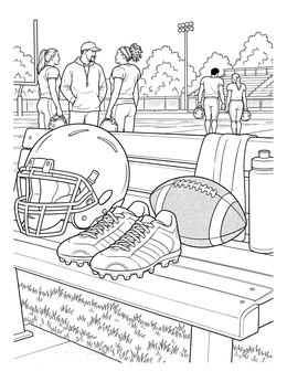 A michigan coloring page showing football gear on a bench with players and coach in the background.