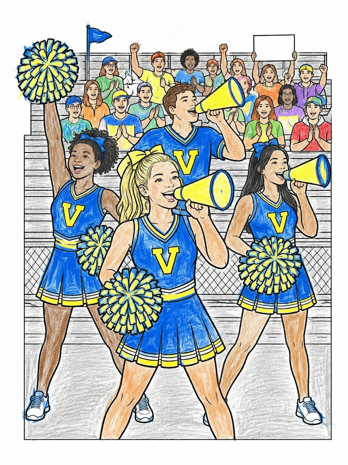 Colored example of the Game Day Cheerleaders In Bleachers coloring page