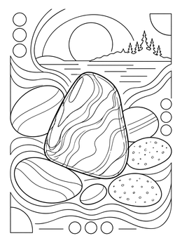 A polished greenstone gem and pebbles appear in this michigan coloring page with a lakeside sunset.