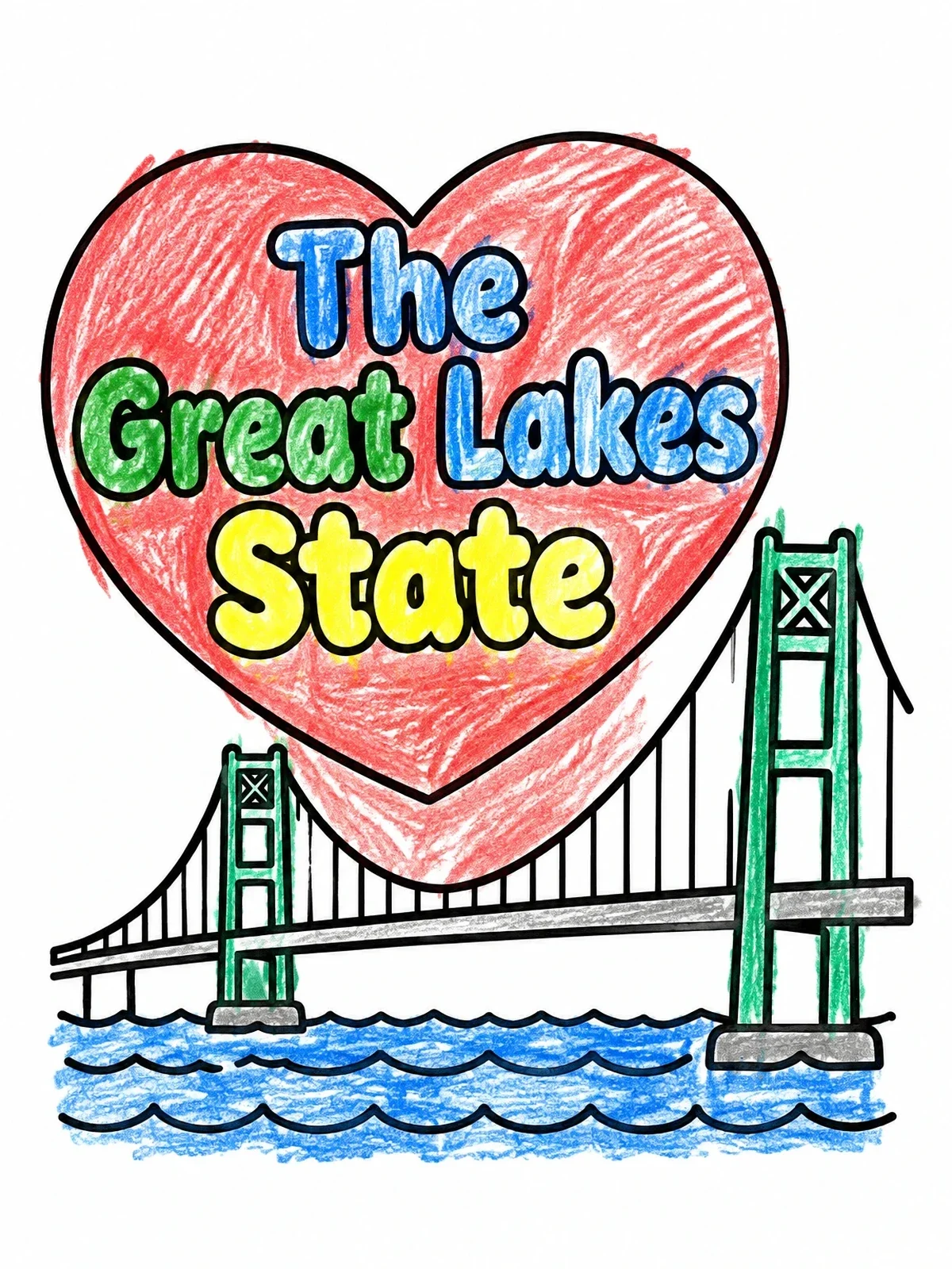 Colored example of the Mackinac Bridge And Heart Outline coloring page