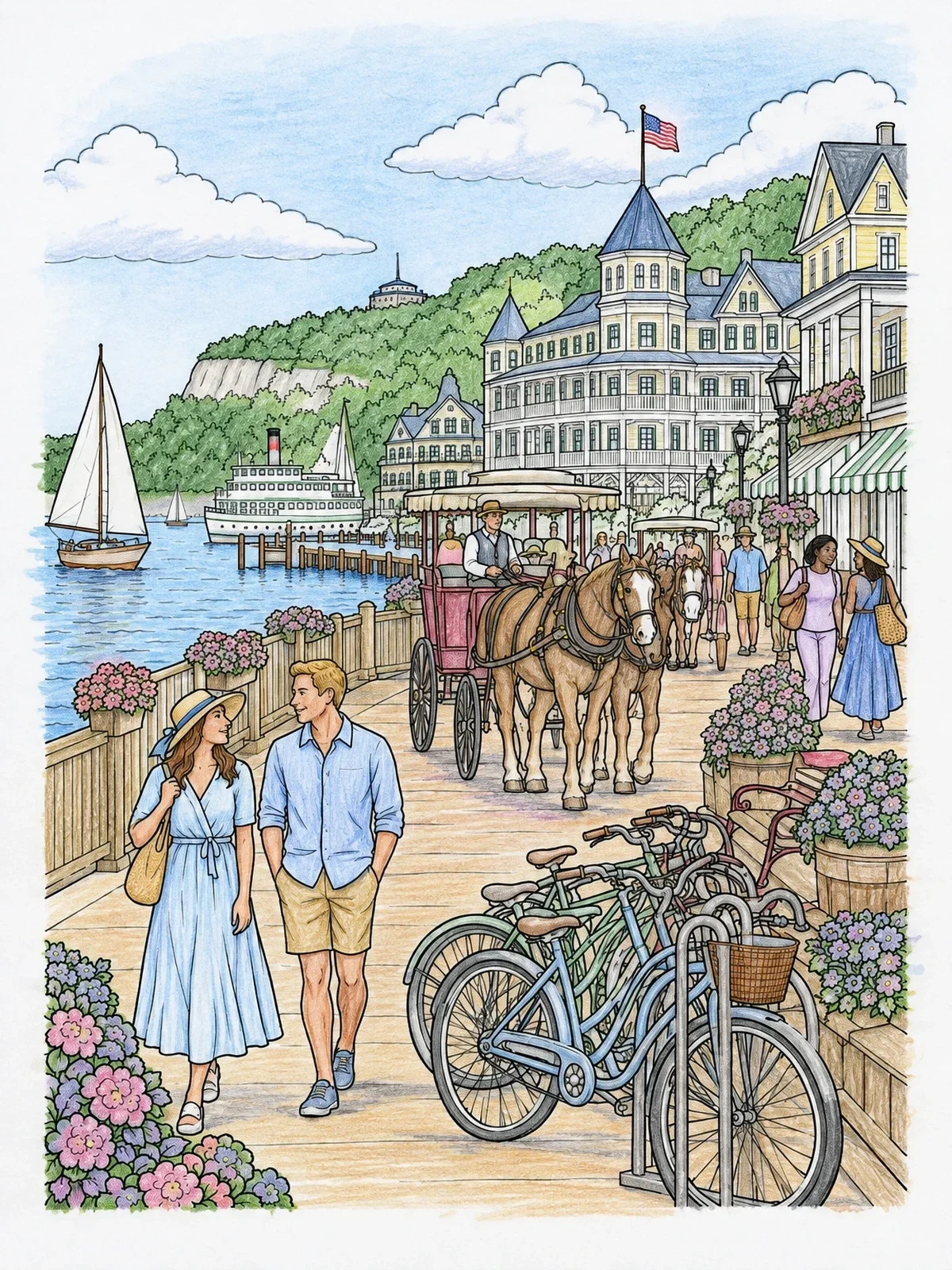 Colored example of the Mackinac Island Harbor And Promenade coloring page
