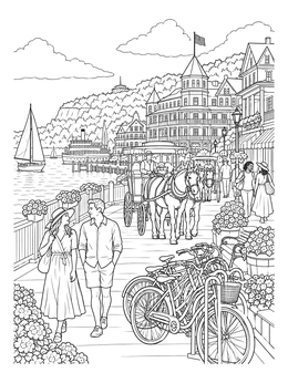 A detailed Michigan coloring page depicting Mackinac Island with Victorian buildings, horse carriages, and bicycles.