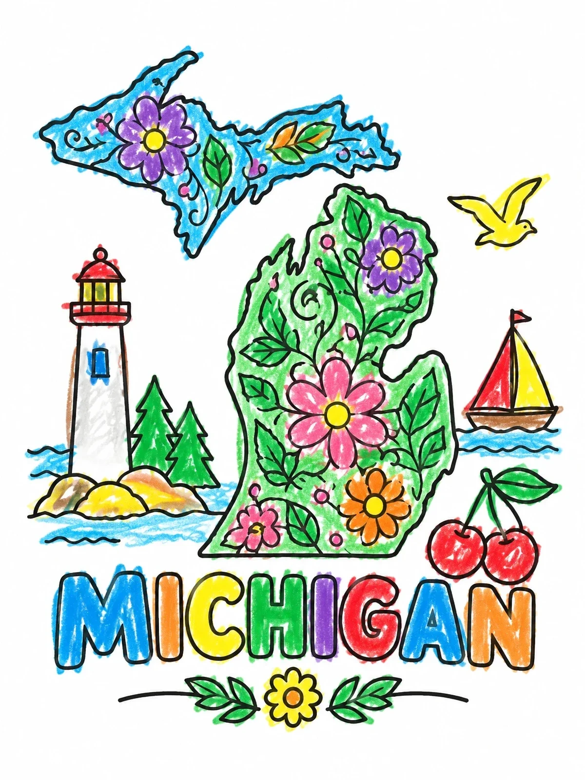 Colored example of the Michigan Map With Floral Patterns coloring page