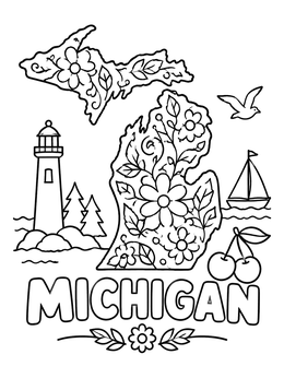 Free printable Michigan Map With Floral Patterns coloring page