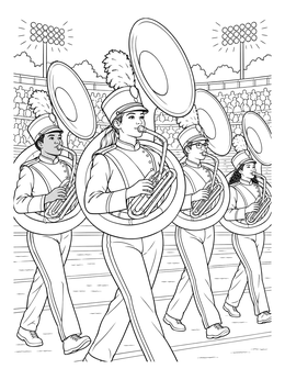A lively michigan coloring page showing marching band members playing sousaphones under stadium lights.