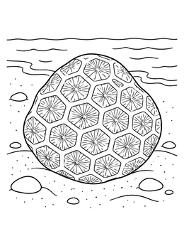A detailed Michigan coloring page showing a fossilized Petoskey stone on a sandy lakeshore.