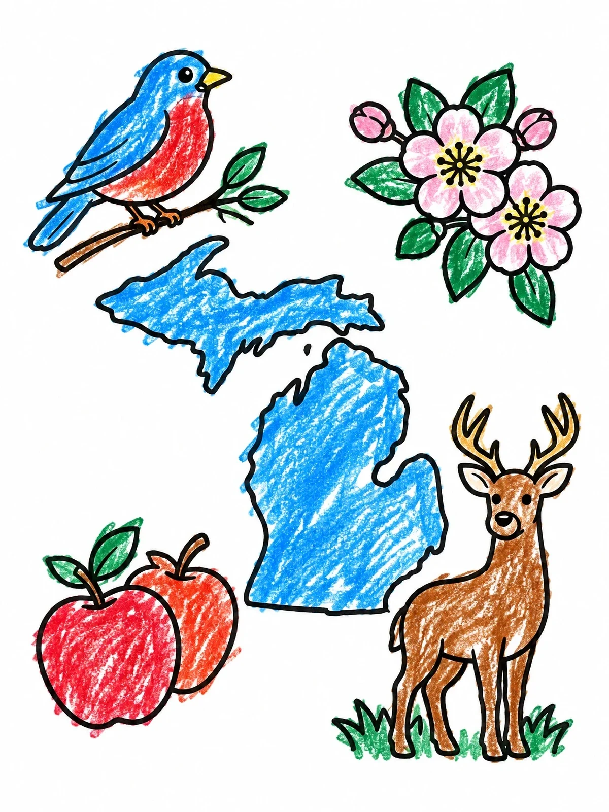 Colored example of the Michigan State Symbols And Outline coloring page
