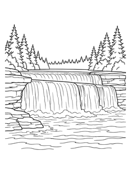 A scenic michigan coloring page showing Tahquamenon waterfalls flowing over stepped rocky ledges.
