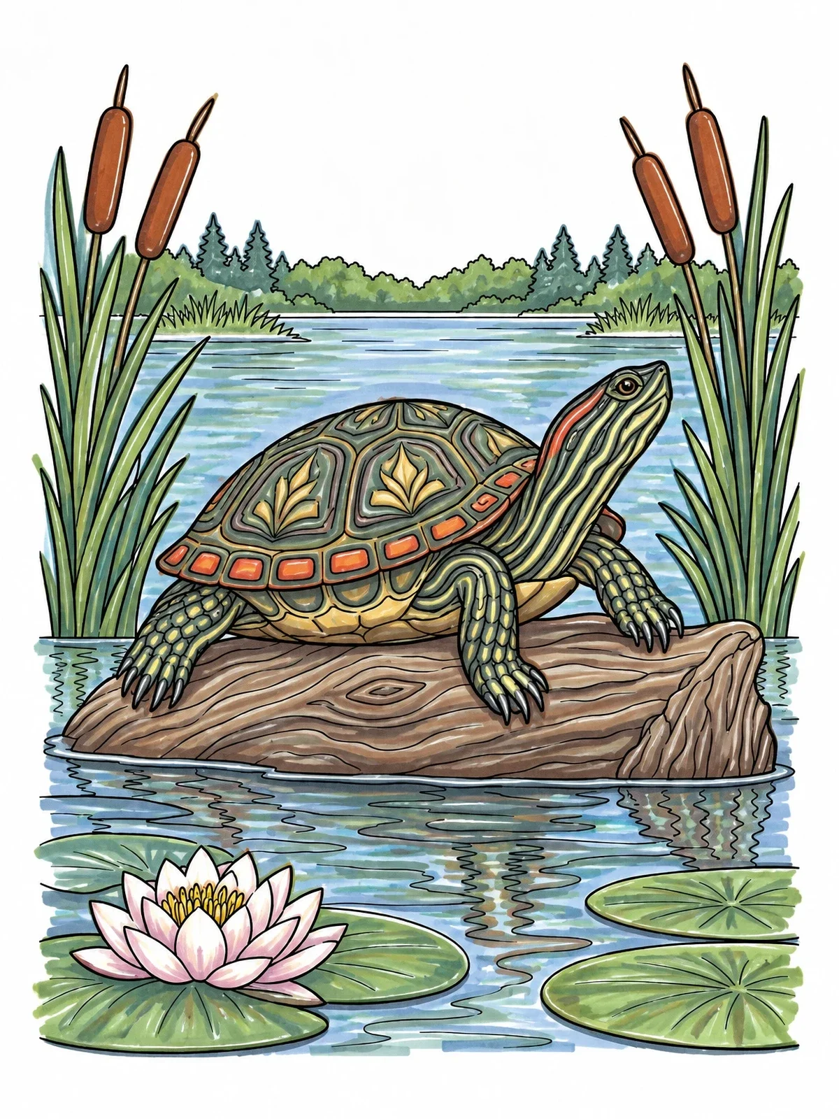 Colored example of the Painted Turtle In Michigan Wetland coloring page