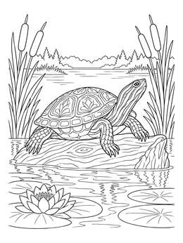 A painted turtle basks on a log in this Michigan coloring page.
