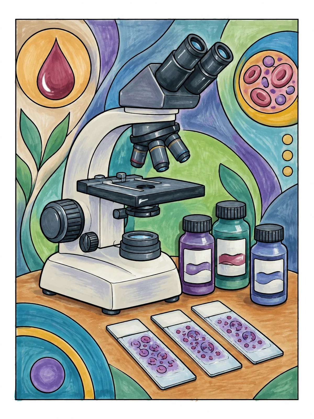 Colored example of the Laboratory Microscope And Blood Smear Slides coloring page