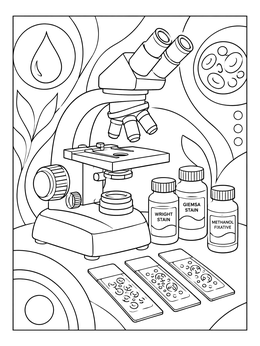 A detailed phlebotomy coloring page featuring a compound microscope, blood smear slides, and staining bottles.