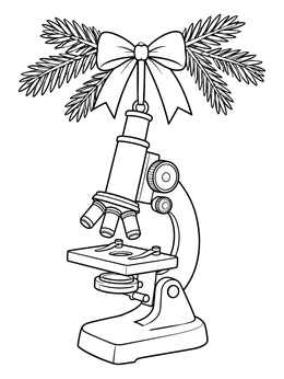 A detailed christmas science coloring page featuring a compound microscope hanging from a pine branch with a bow.