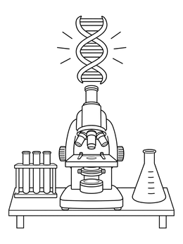 A science lab microscope and flask beneath a double helix on this dna coloring page.