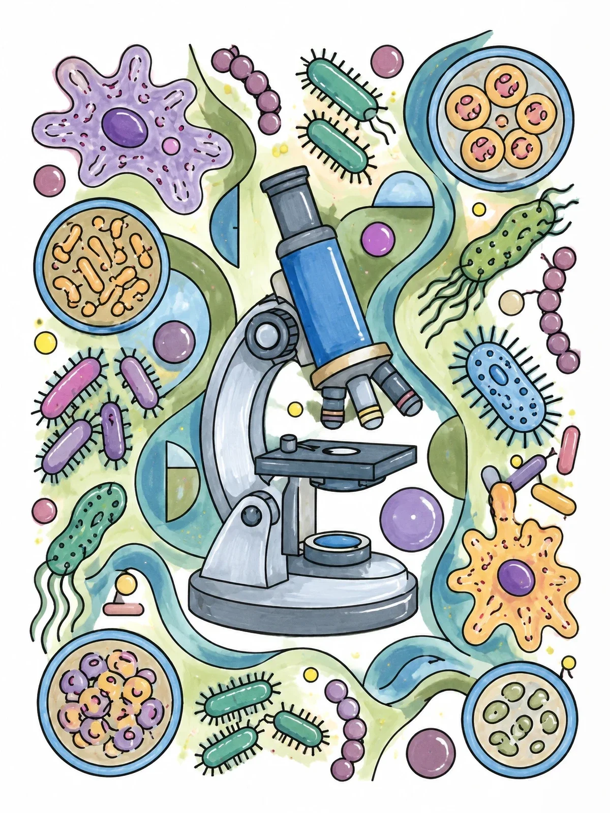 Colored example of the Laboratory Microscope And Microbes Pattern coloring page