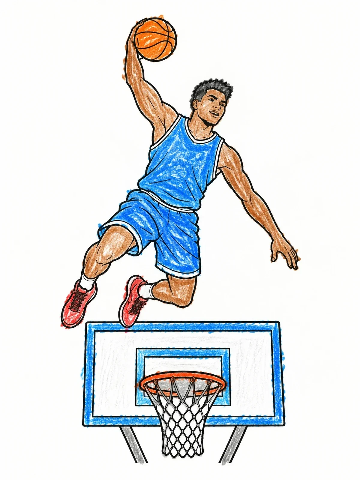 Colored example of the Mid Air Basketball Slam Dunk coloring page