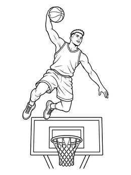 An athletic player leaps above the rim in this basketball player coloring page.