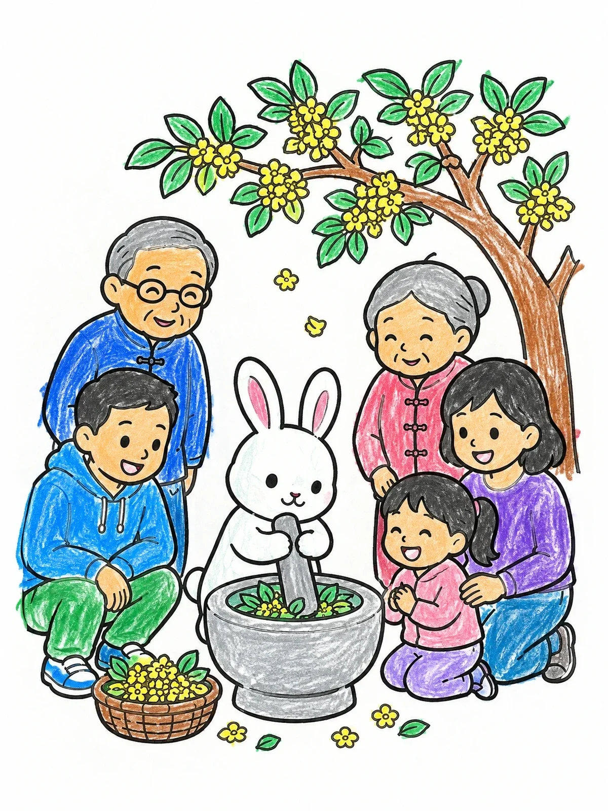 Colored example of the Family And Jade Rabbit Celebrating Together coloring page