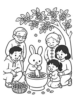 Free printable Family And Jade Rabbit Celebrating Together coloring page