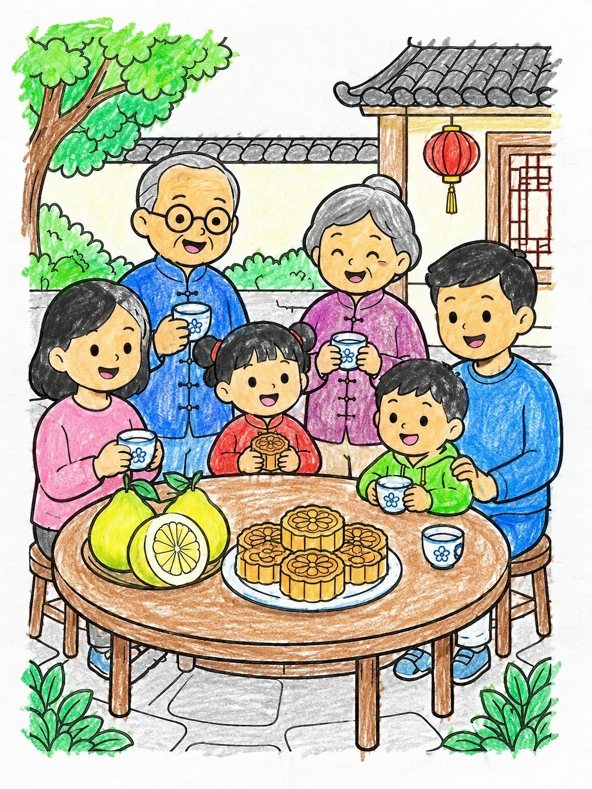 Colored example of the Family Celebrating Mid Autumn Festival Together coloring page