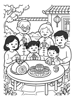 Free printable Family Celebrating Mid Autumn Festival Together coloring page