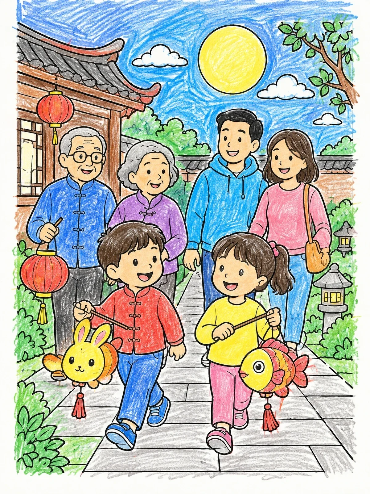 Colored example of the Family Mid Autumn Lantern Walk coloring page
