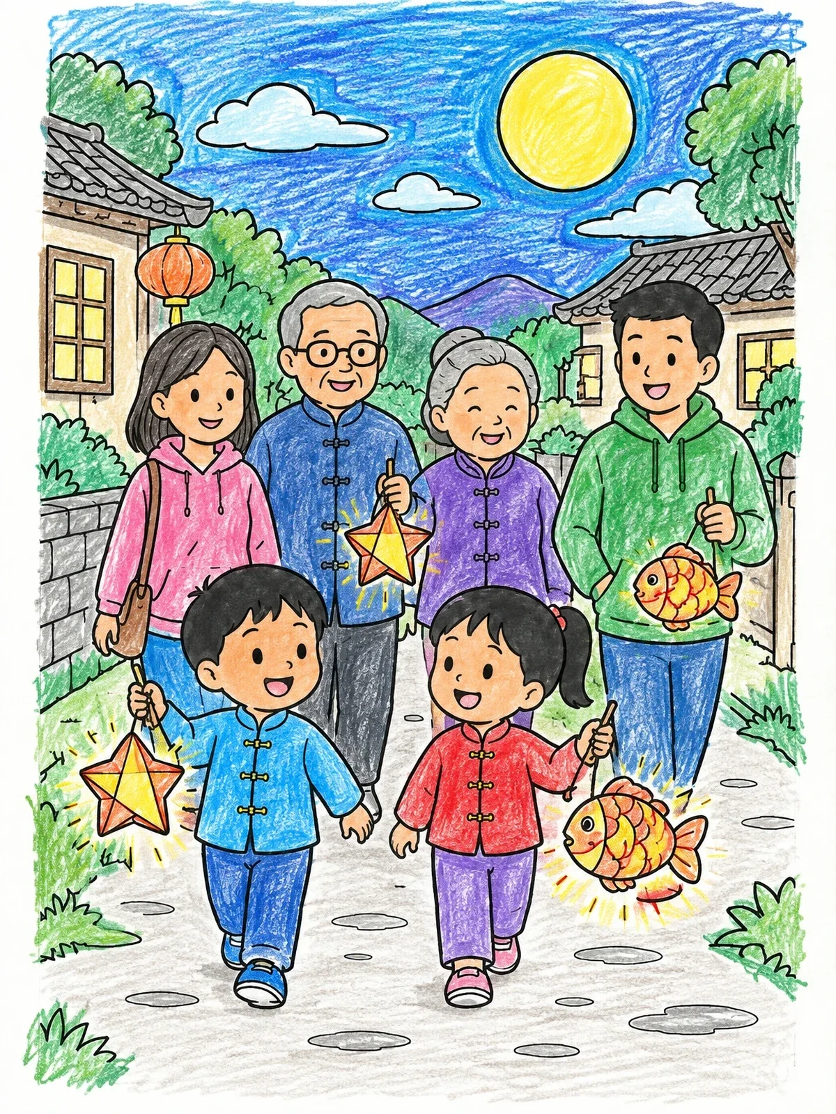 Colored example of the Family Lantern Walk Mid Autumn Festival coloring page