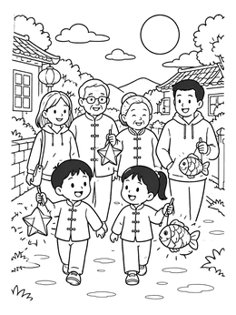 Free printable Family Lantern Walk Mid Autumn Festival coloring page