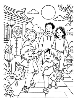 Free printable Family Mid Autumn Lantern Walk coloring page