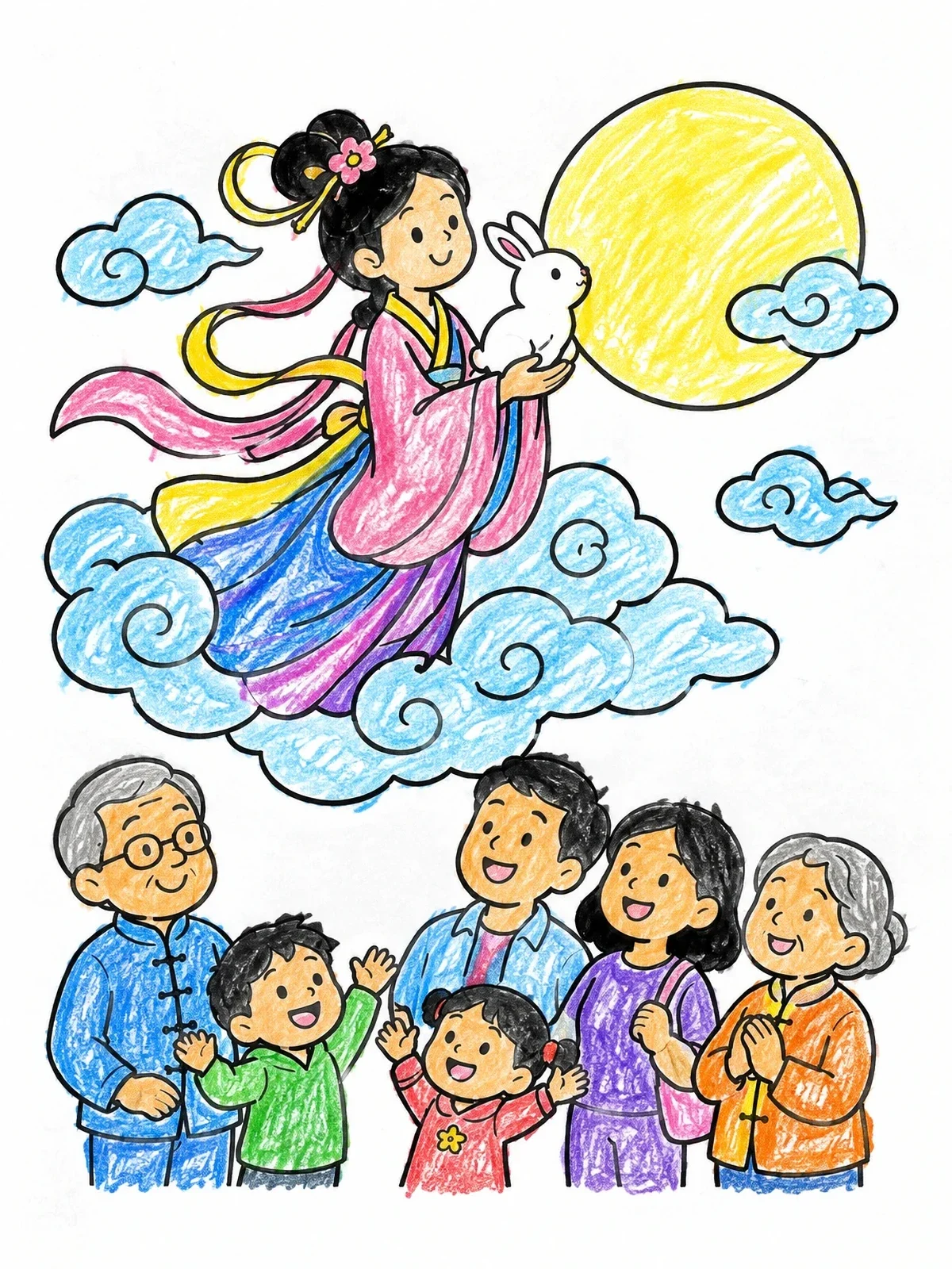 Colored example of the Family Watching Chang'e And Moon Rabbit coloring page
