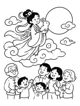 Free printable Family Watching Chang'e And Moon Rabbit coloring page