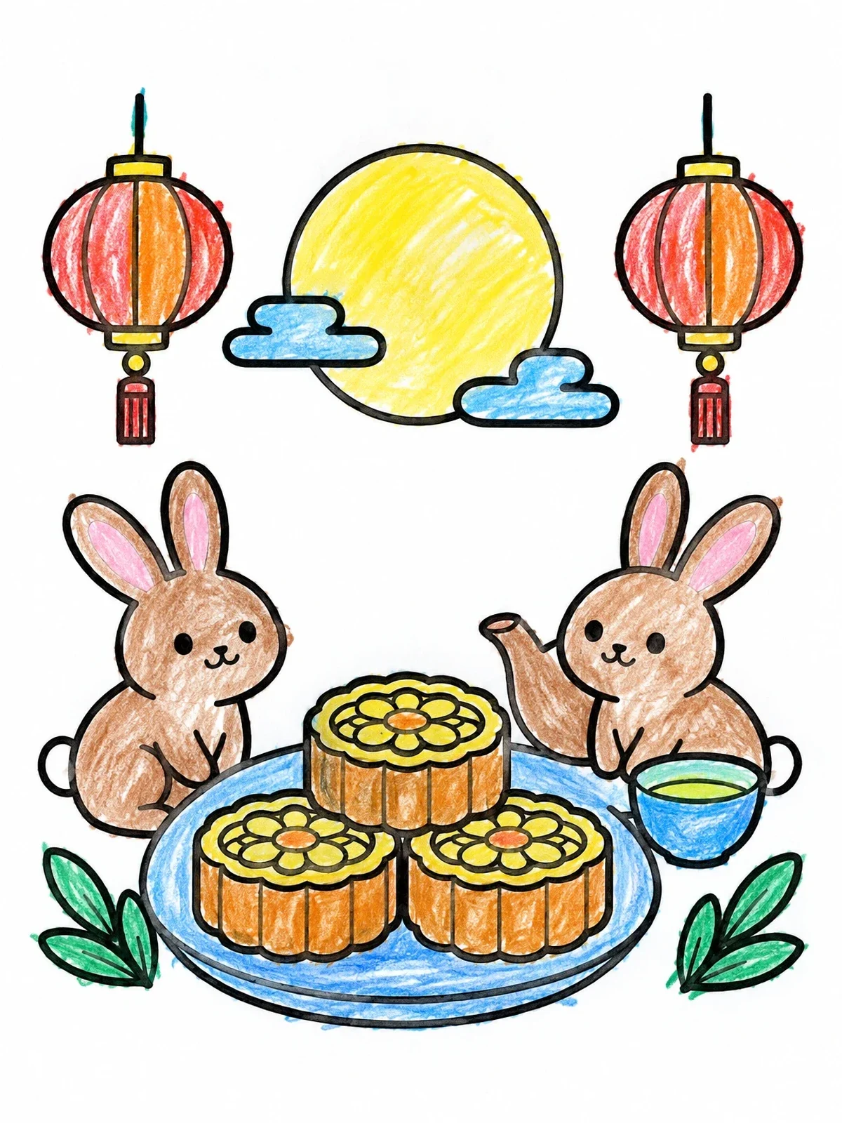 Colored example of the Moon Bunnies With Mooncakes And Tea coloring page
