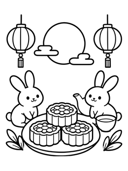 Free printable Moon Bunnies With Mooncakes And Tea coloring page