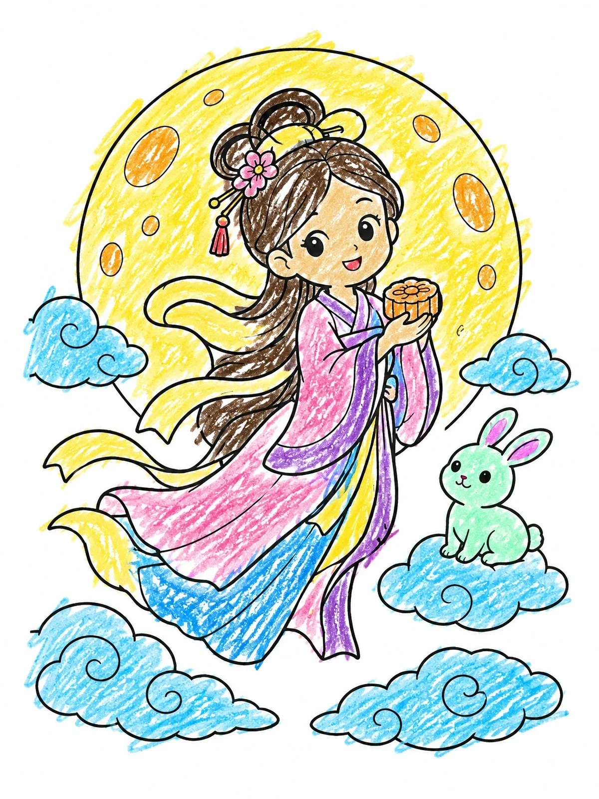Colored example of the Moon Goddess Chang'e And Jade Rabbit coloring page