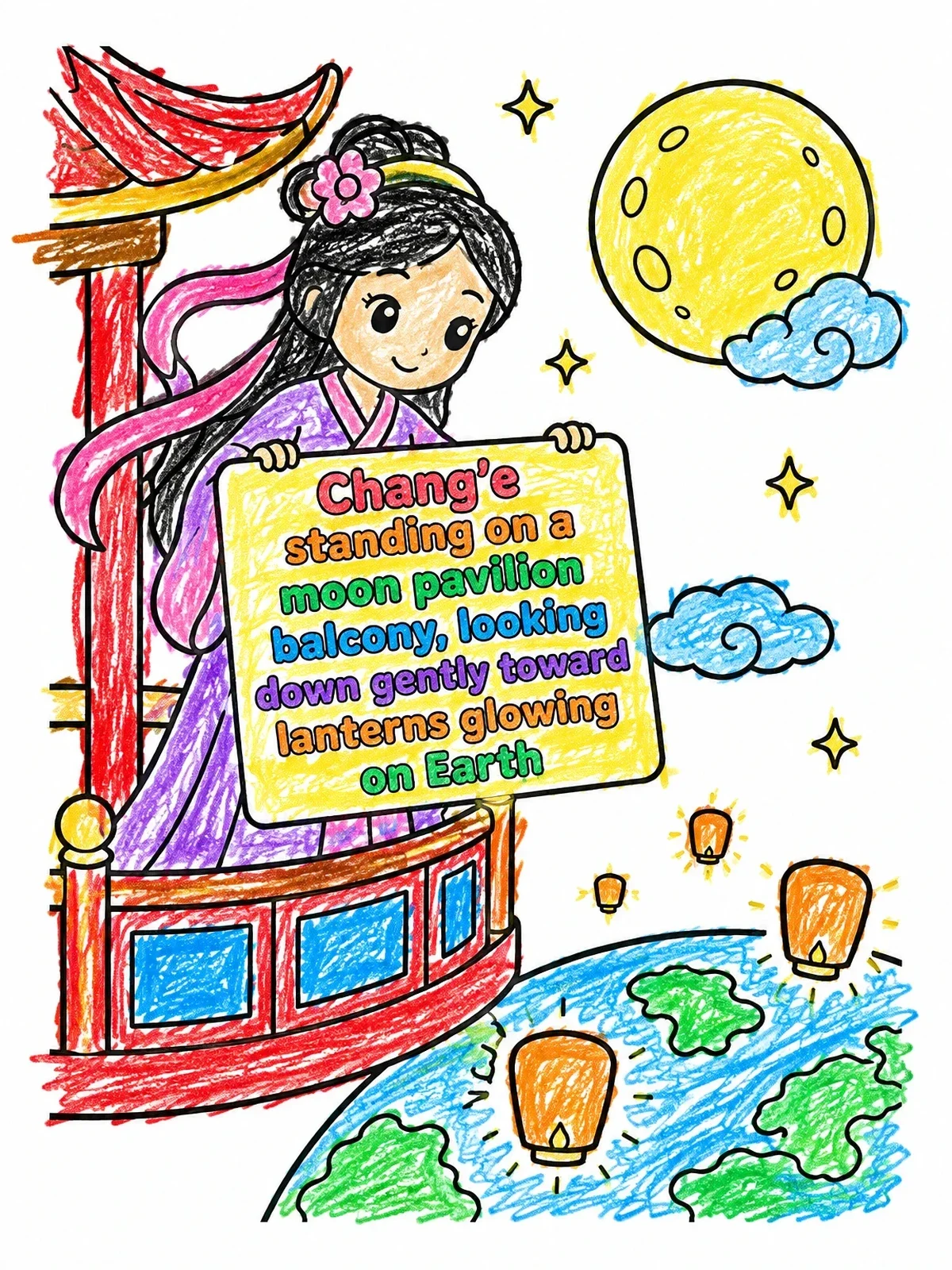 Colored example of the Moon Goddess With Festival Sign coloring page