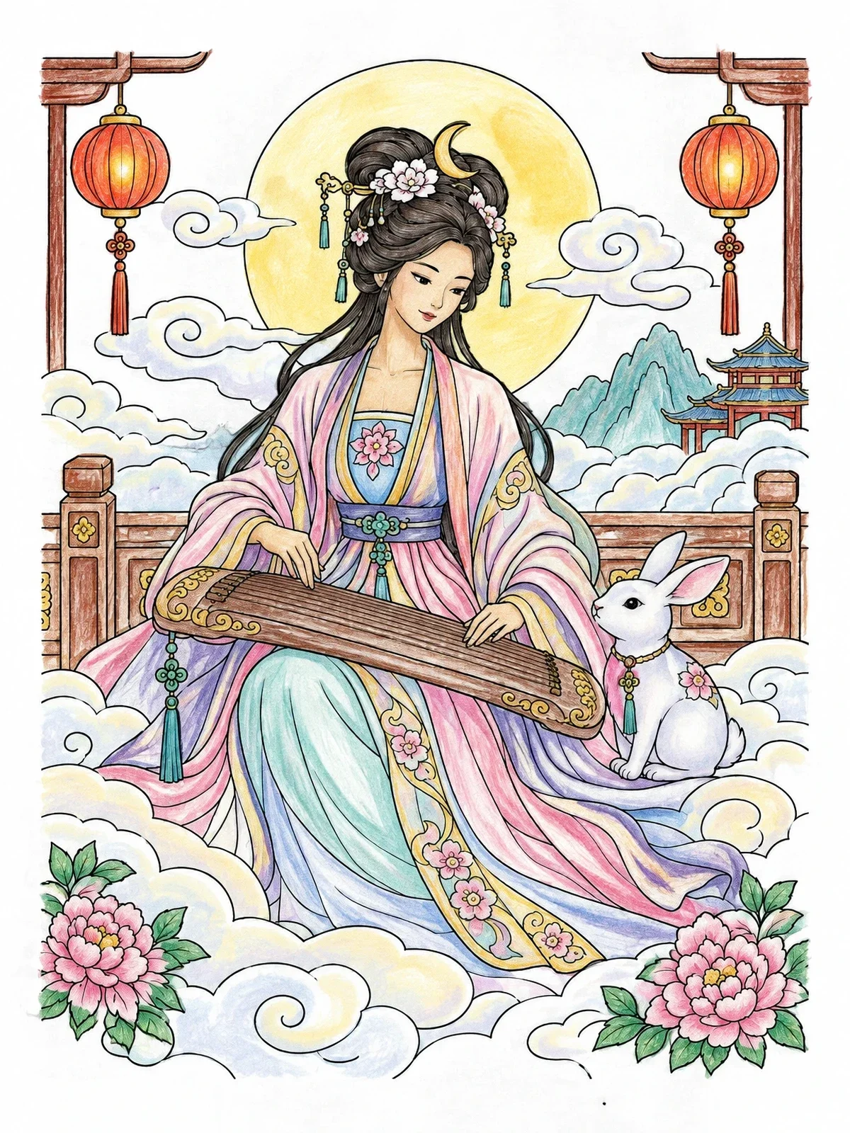 Colored example of the Moon Goddess Chang'e Playing The Zither coloring page